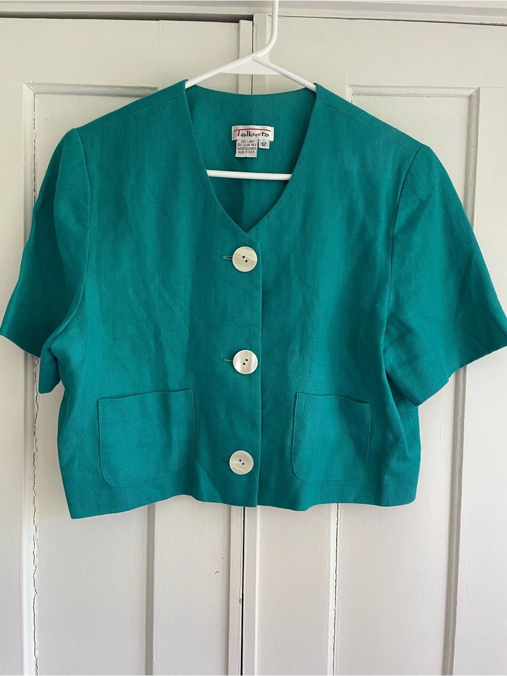 Vintage 90s Talbots Teal Cropped Button Front 100% Linen Jacket Librarian Chic